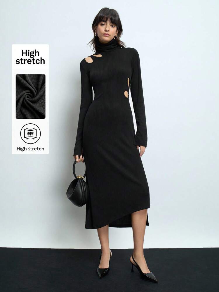 SHEIN Maija Women's Fashionable Versatile Hollow-Out High Neck Long Sleeve Pullover Black Party Knit Hollow Dress Valentines Day,Festival