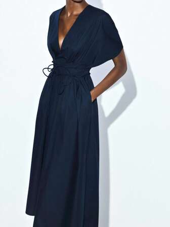 Maija Navy Blue Deep V-Neck Puff Sleeve Cinched Waist Flared Dress For Women Winter Dress Women Christmas Outfit For Women Long Party Dress Wedding Party Dress Elegant Dresses For Women Stylish Clothing Collection New Year Dress Wrap Dress Ankle Length Dress Front Tie Dress Women's Summer Dresses  Vacation Outfits Women