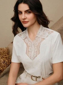 Anewsta Áo thun tay ngắn họa tiết ren trắng thời trang cao cấp thanh lịch dành cho nữ, Xuân/Hè - trắng - Xem 7