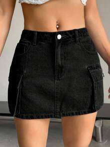 SHEIN Unity Women's Summer Solid Color Cargo Denim Skirt - Black - View 6