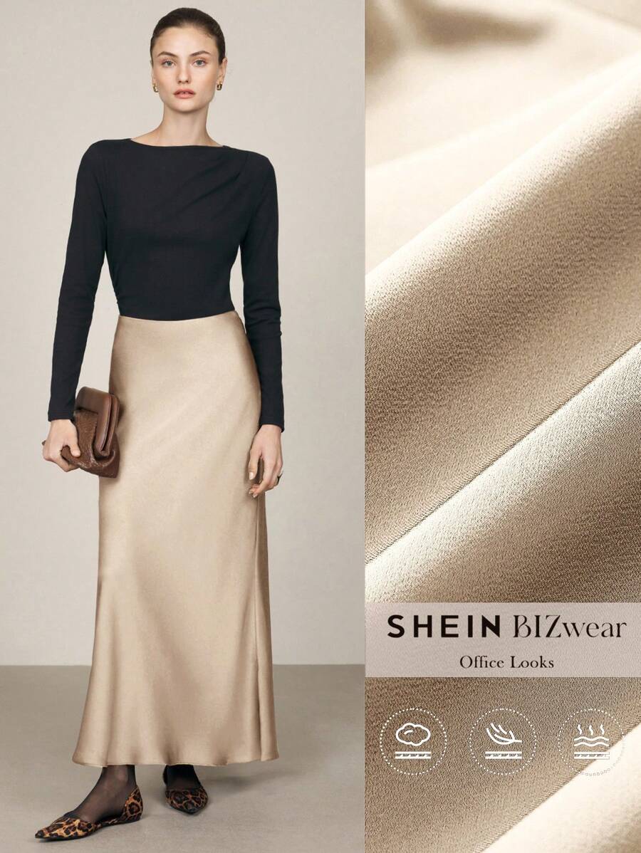 BizChic 2025 Autumn Women's Satin Waist Mermaid Hem Skirt, Business Casual Daily Commute Elegant Beach Resort Suitable For Wedding Guest, Brunch, Airport, 90s Retro Office - Champagne - View 1