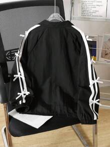 Tween Girl Bow Decor Long Sleeve Zip Front Casual Jacket Fall Winter - Black - View 2
