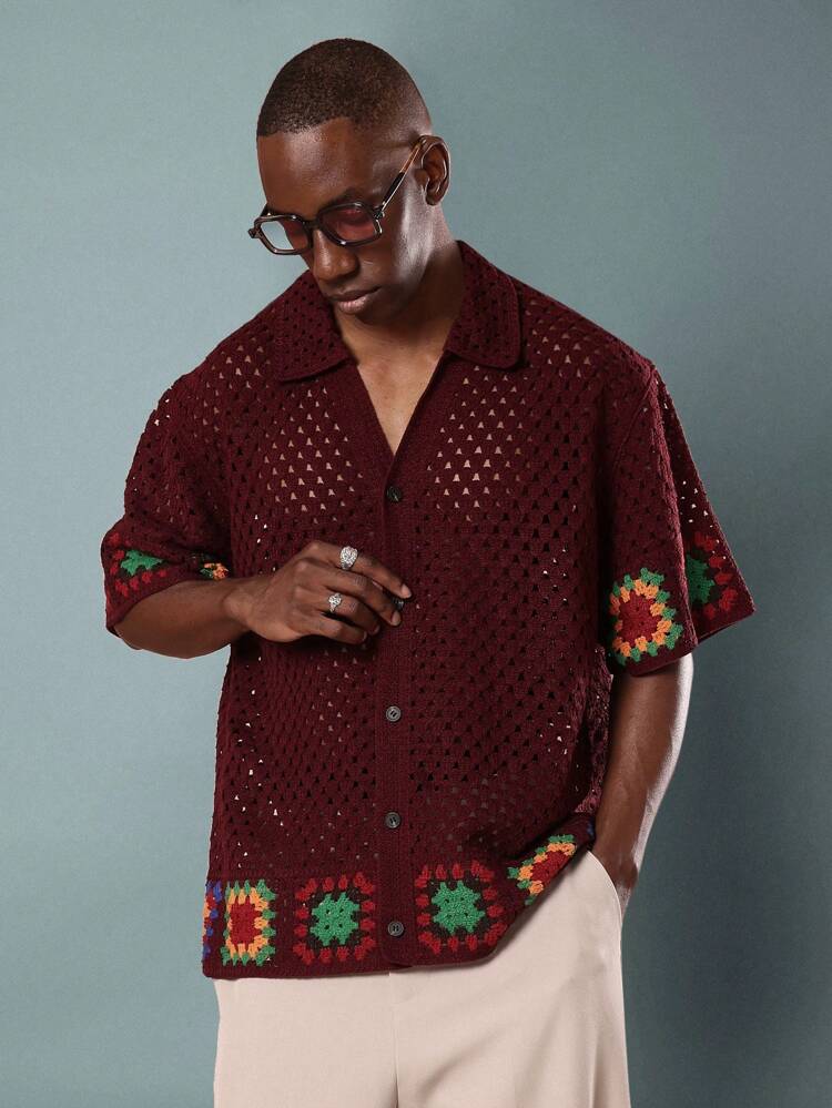 Crochet Knit Top With Granny Square Pattern And Border Detail