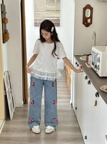 Tween GirlsLight Washed Denim Jeans With Sweet Embroidered Butterfly & Cherry Blossom Patterns, Comfortable Casual Outdoor Elastic Waist Wide-Leg Pants - Light Wash - View 8