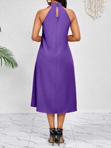 SHEIN Lady 3D立体花朵荷叶边装饰领口，橙色中长款连衣裙，优雅淑女宽松休闲，春夏度假风，波西米亚风情。 - 紫色 - 查看 2