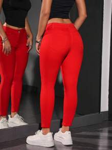 SHEIN PETITE Jeans ajustados de unicolor casual - Rojo - Ver 2