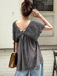 FRIFUL Áo sơ mi nữ dài vừa, xếp ly, dây rút, thường ngày, đa năng, mặc đi biển, ngày lễ - Xám - Xem 3