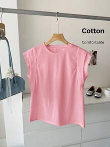 SHEIN LUNE 女士休闲白色圆领双层宽肩无袖T恤，适合日常休闲穿着，春夏基本款上衣女士上衣棉质上衣粉色上衣粉色棉质上衣淡粉色上衣棉质T恤女士基本款T恤 - 粉色 - 查看 3