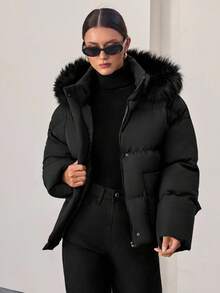 Women's Solid Color Long Sleeve Zipper Collar Faux Fur Hooded Winter Jacket - Black - View 1