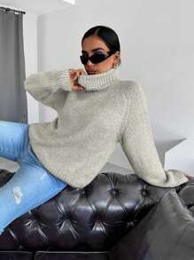 EURMUSE Áo cao cổ Tay Raglan Áo len - Màu be - Xem 4