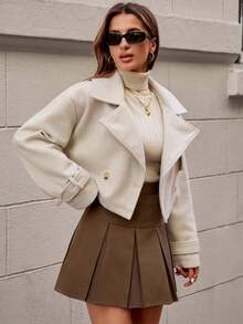 EURMUSE Women's Solid Belted Short Elegant Wool Overcoat - Beige - View 4