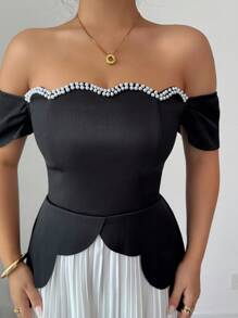 Selianne 女士水钻不对称露肩拼色连衣裙 - 彩色 - 查看 4