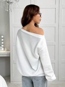 SHEIN EZwear Áo nỉ lót nhiệt cổ chéo, dáng rộng, chất liệu cotton pha trộn màu trắng, dáng rộng thoải mái cho nữ - Áo thu đông ấm áp mặc ở nhà, phong cách dịu dàng, sạch sẽ, trường học, tiệc ký túc xá, thể thao, phòng tập và thời trang đường phố - Nhiều màu - Xem 3