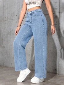 SHEIN PETITE Women's Pocket Button Casual Versatile Commute Loose Fit Denim Wide Leg Pants - Light Wash - View 6