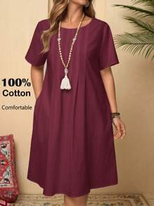 EMERY ROSE Plus Size Women Summer Casual Solid Color Short Sleeve Dress,Summer Dresses For Women,Dresses Casual - Burgundy - View 6