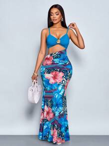 SOLERSUN Women's Summer Vacation Style Leopard Flowers Tropical Print Ruched Waist Cut Out Mermaid Maxi Dress - Blue - View 1
