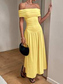 Siren Gaze 女士优雅纯色露肩长裙 - 淡黃色 - 查看 3
