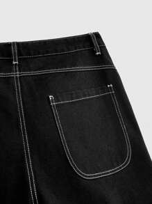 ROMWE MEN Street Life Quần denim rộng rãi thường ngày thêu túi màu cho nam - màu đen - Xem 5