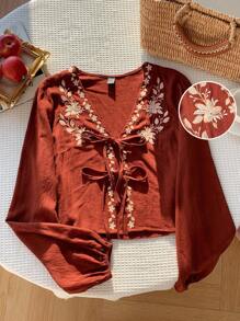 Comfortcana 度假休闲 V 领前系带刺绣长袖衬衫，秋季上衣 - 棕色 - 查看 3