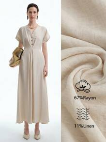 Lyxana 可变形 V 领优雅盖袖收腰 A 字裙，适合女士秋季、万圣节、返校节、返校、非洲连衣裙、女士非洲连衣裙、亚麻中长连衣裙、绷带连衣裙、休闲装。 - 杏色 - 查看 1