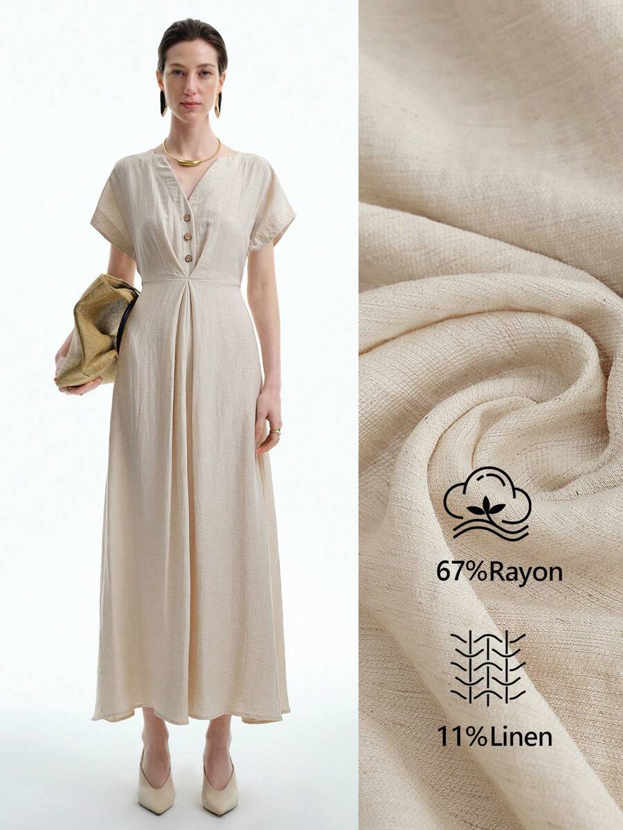 Lyxana 可变形 V 领优雅盖袖收腰 A 字裙，适合女士秋季、万圣节、返校节、返校、非洲连衣裙、女士非洲连衣裙、亚麻中长连衣裙、绷带连衣裙、休闲装。 - 杏色 - 查看 1