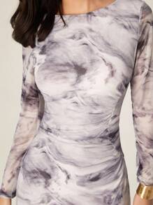 Modelyn French Design Waist Cinching Ink Print Bodycon Maxi Dress Fall Cloth For Women - Grey - View 6
