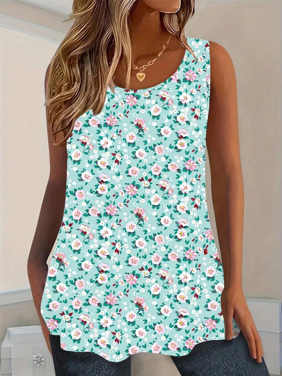 EMERY ROSE Women's Plus Size Summer Allover Floral Printed Tank Top Graphic Tees Women Tops - Multicolor - View 1