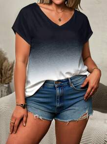 EMERY ROSE Camiseta de manga corta con cuello en V y bloque de color degradado, talla grande, para verano - Multicolor - Ver 3