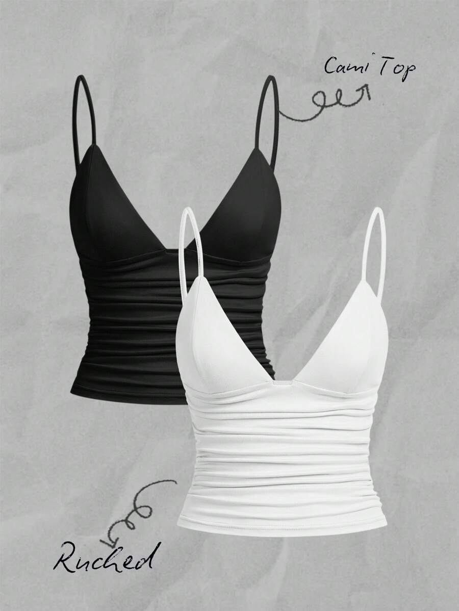 SHEIN EZwear 2pcs/Set Women Casual Ruched Skinny Tank Top Set, Suitable For Summer - Multicolor - View 1