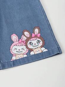 SHEIN 女婴蝴蝶结卡通印花牛仔裤，适合春秋季节和所有季节的休闲裤 - 彩色 - 查看 2