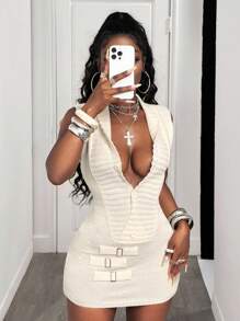 BamGleam 女士针织白色V领长袖罗纹迷你连衣裙，配方形金属纽扣