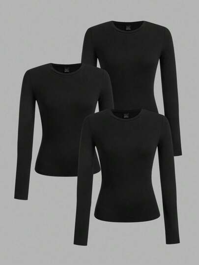 SHEIN EZwear 3pcs Women's Black Crew Neck Casual Slim Fit Long Sleeve T-Shirt Set, Suitable For Spring & Autumn Black Tops Autumn And Winter,Fall Clothes For Women