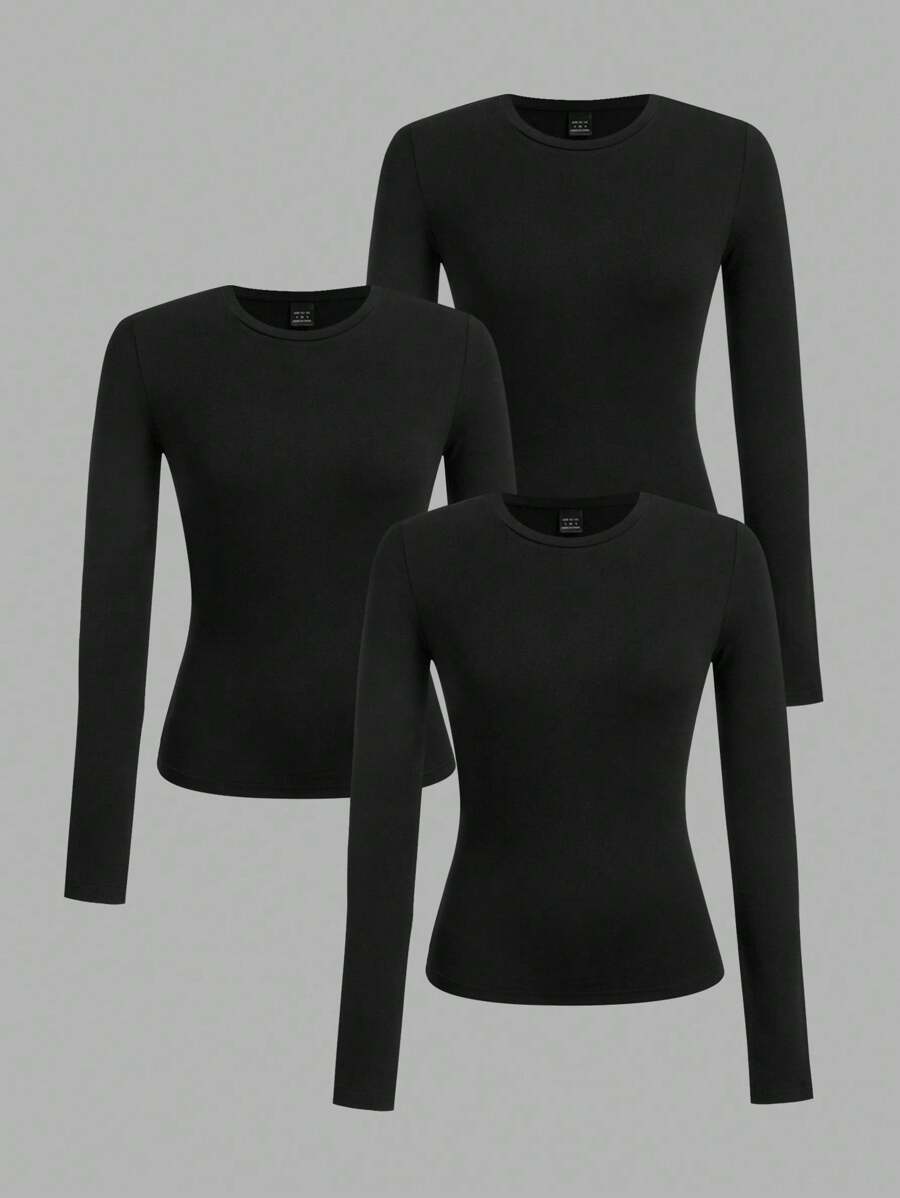 SHEIN EZwear 3 件套女士黑色圆领休闲修身长袖 T 恤套装,适合春秋季节 - 黑色 - 查看 1