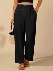 EMERY ROSE Plus Size Casual, Vacation Flattering, Button & Pocket Decor Loose 3/4 Pants Fall - Black - View 4