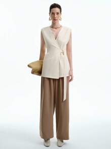 Aalyst Áo khoác Blazer trơn màu không tay, thường ngày, mùa hè - Màu be - Xem 4