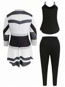 Conjunto de 3 piezas de talla grande para mujeres que incluye: chaqueta con estampado floral, top tipo cami de unicolor y pantalones, para el verano - Negro - Ver 2