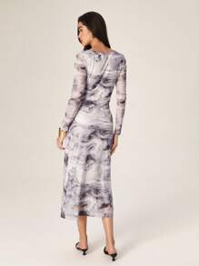 Modelyn French Design Waist Cinching Ink Print Bodycon Maxi Dress Fall Cloth For Women - Grey - View 2