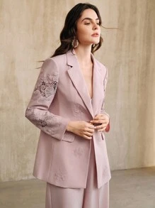 Anewsta Elegant Lace Embroidered Sheer Long Sleeve Women Blazer Jacket