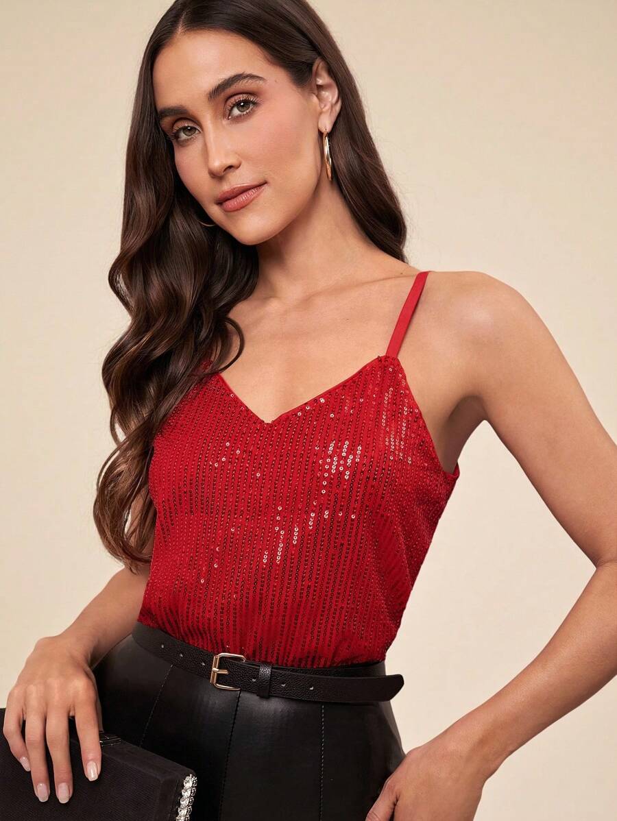 Amorya Women's Sparkly Party Tank Top - Red - View 1