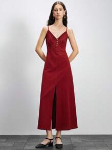 Lumivelle Women's Burgundy Summer Chic Cotton Maxi Dress, Deep V-Neck Spaghetti Strap High Slit Long Dress,Boho Dinner Date Elegant A-Line Vacation Resort - Burgundy - View 3