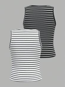 SHEIN EZwear 2 pezzi Set di top a canotta aderenti in tessuto a maglia a righe casual da donna, adatto per l'estate, uso quotidiano, versatile e confortevole