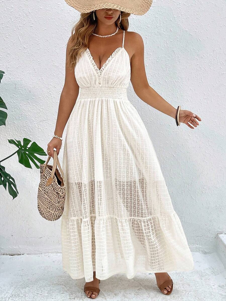 SHEIN Clasi Plus Size Women Resort Style Textured Spaghetti Strap Ruffle Trim Waist Flare Dress - Apricot - View 1