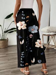 SHEIN LUNE 女士休闲九分长裤，适合教师工作制服，秋季适合外出花卉两件套两件女套装裤子花裙女优雅端庄两件套长款花裙花裤女花卉印花阔腿裤黑色花裤女花裤高腰花裤 - 彩色 - 查看 2