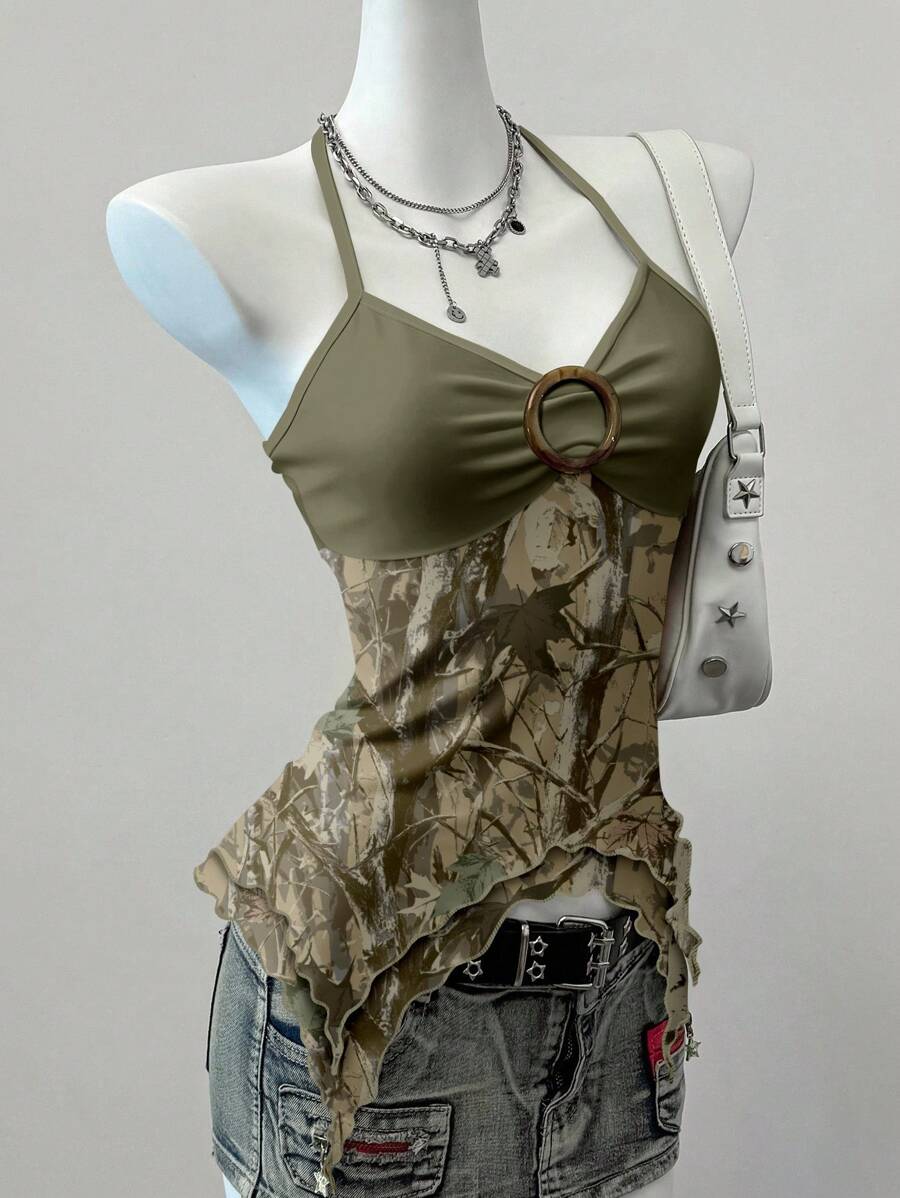 Attitoon 女式拼接树枝印花圆形连接时尚挂脖背心