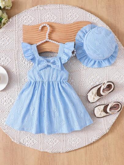 2 件婴幼儿女童甜美休闲度假时尚简约舒适花卉镂空纹理面料 3D 蝴蝶结装饰荷叶边下摆短袖中长连衣裙和可爱太阳帽套装，春夏新品，适合户外度假