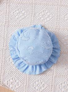 2 件婴幼儿女童甜美休闲度假时尚简约舒适花卉镂空纹理面料 3D 蝴蝶结装饰荷叶边下摆短袖中长连衣裙和可爱太阳帽套装，春夏新品，适合户外度假 - 藍色 - 查看 7