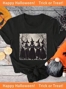 SHEIN EZwear 休闲简约万圣节女巫图案宽松圆领短袖 T 恤，适合万圣节派对 - 黑色 - 查看 7