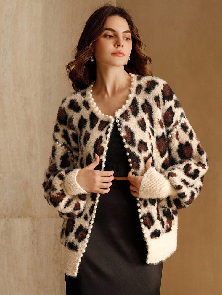 Damen Leoparden-Muster Perlenstrick Cardigan, eleganter Vintage-Stil