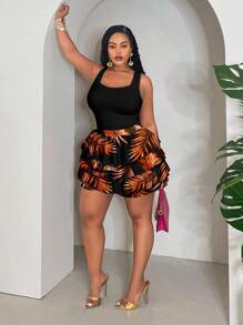 Slaydiva Bộ 2 chiếc/Bộ áo ba lỗ cổ vuông trơn cỡ lớn cho kỳ nghỉ hè dành cho nữ và váy ngắn in họa tiết lá nhiệt đới - Nhiều màu - Xem 4