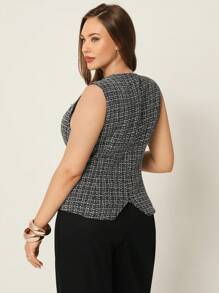 Auralis Chemise sans manches à boutons métalliques et ourlet fendu pour femmes grandes tailles, motif à carreaux - Noir - Voir 2